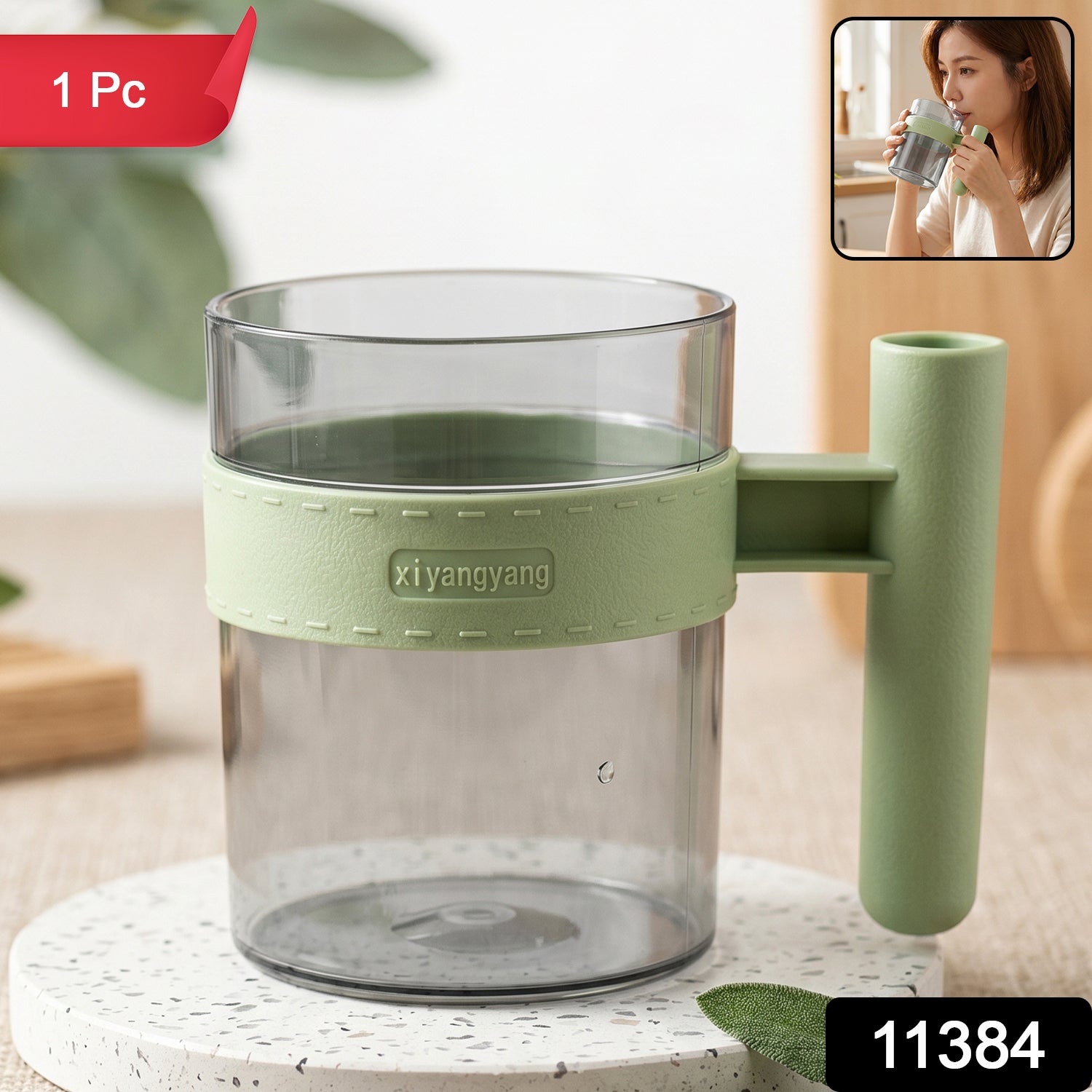 Clear reusable plastic mug with handle for hot and cold drinks