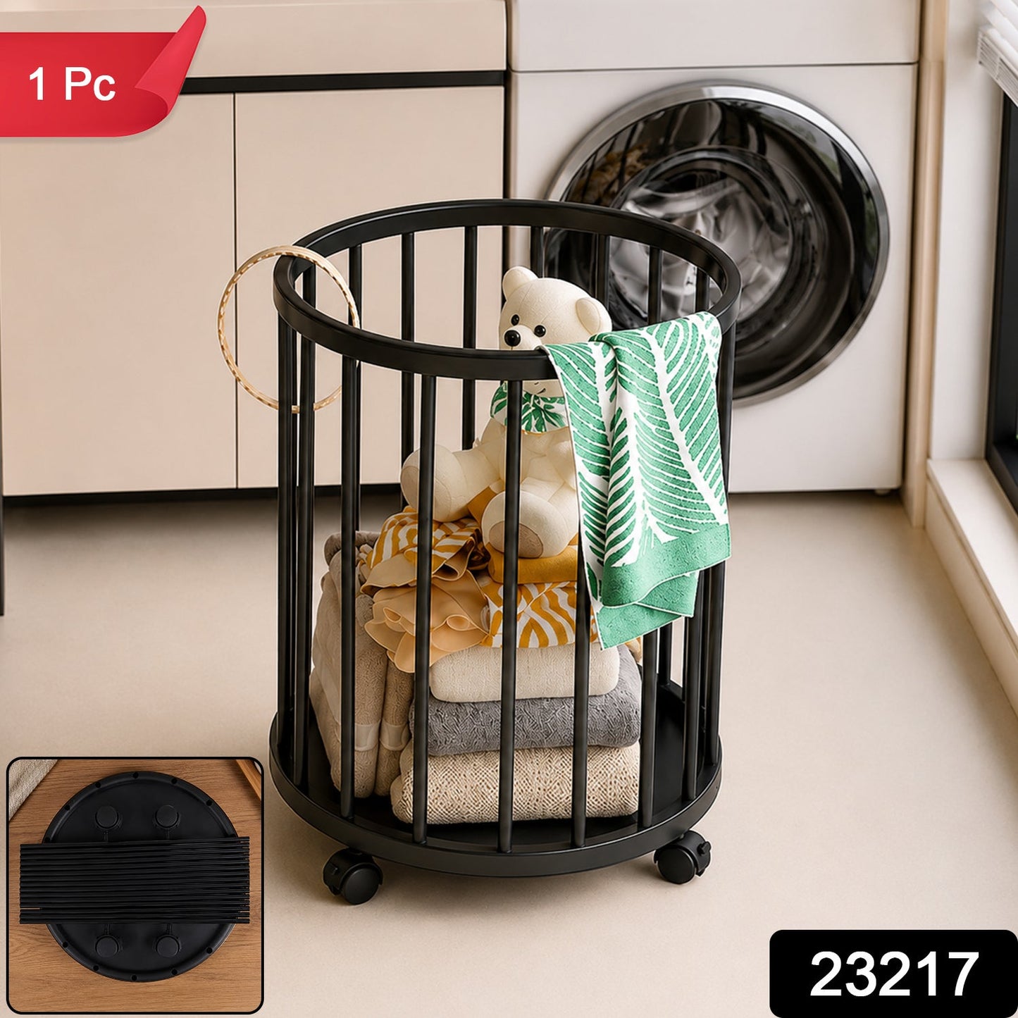 Round metal laundry hamper on wheels for dirty clothes