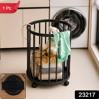 Round metal laundry hamper on wheels for dirty clothes