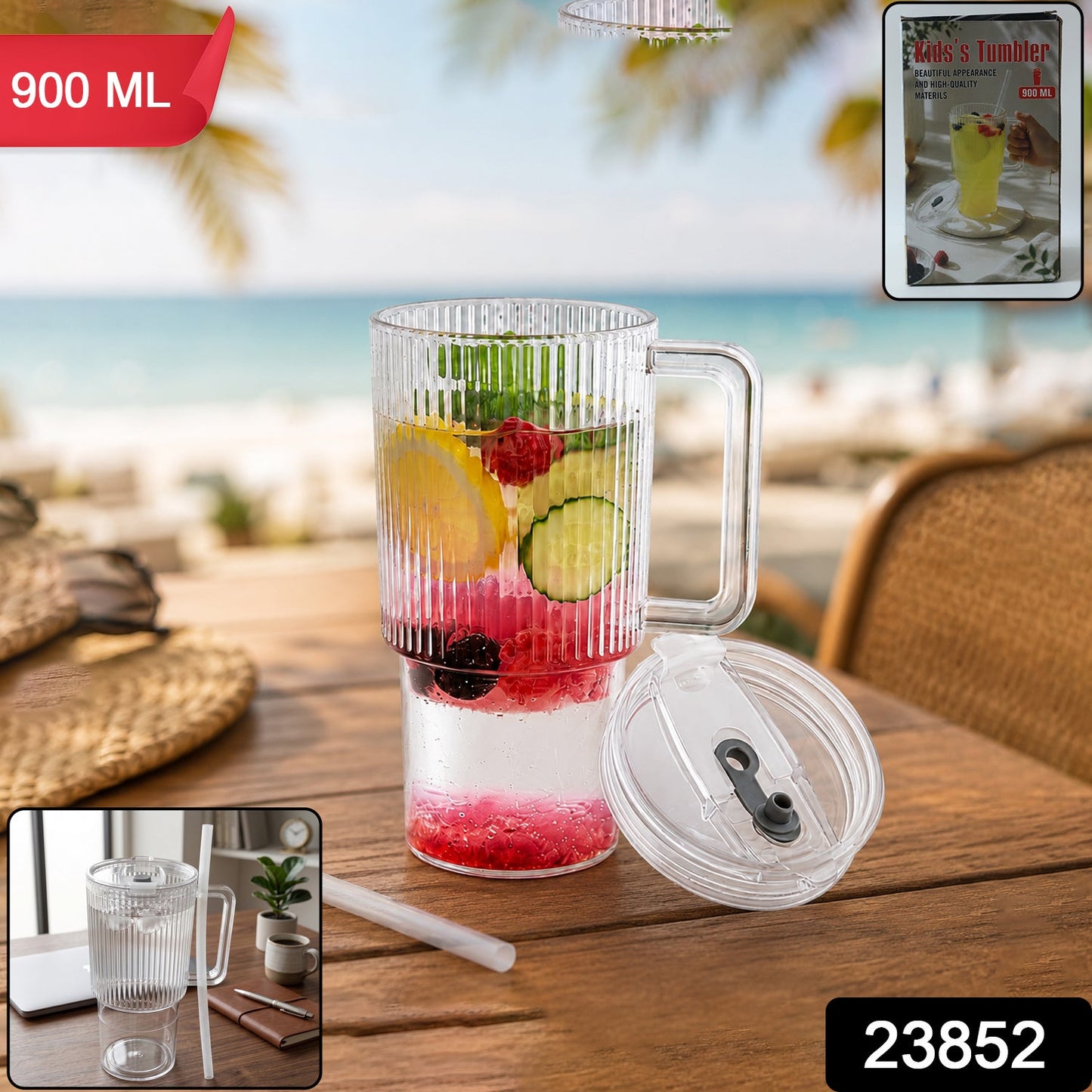 Kids Tumbler 900ml with Handle Lid and Straw Ribbed Water Sipper Cup (1 Pc) view 2