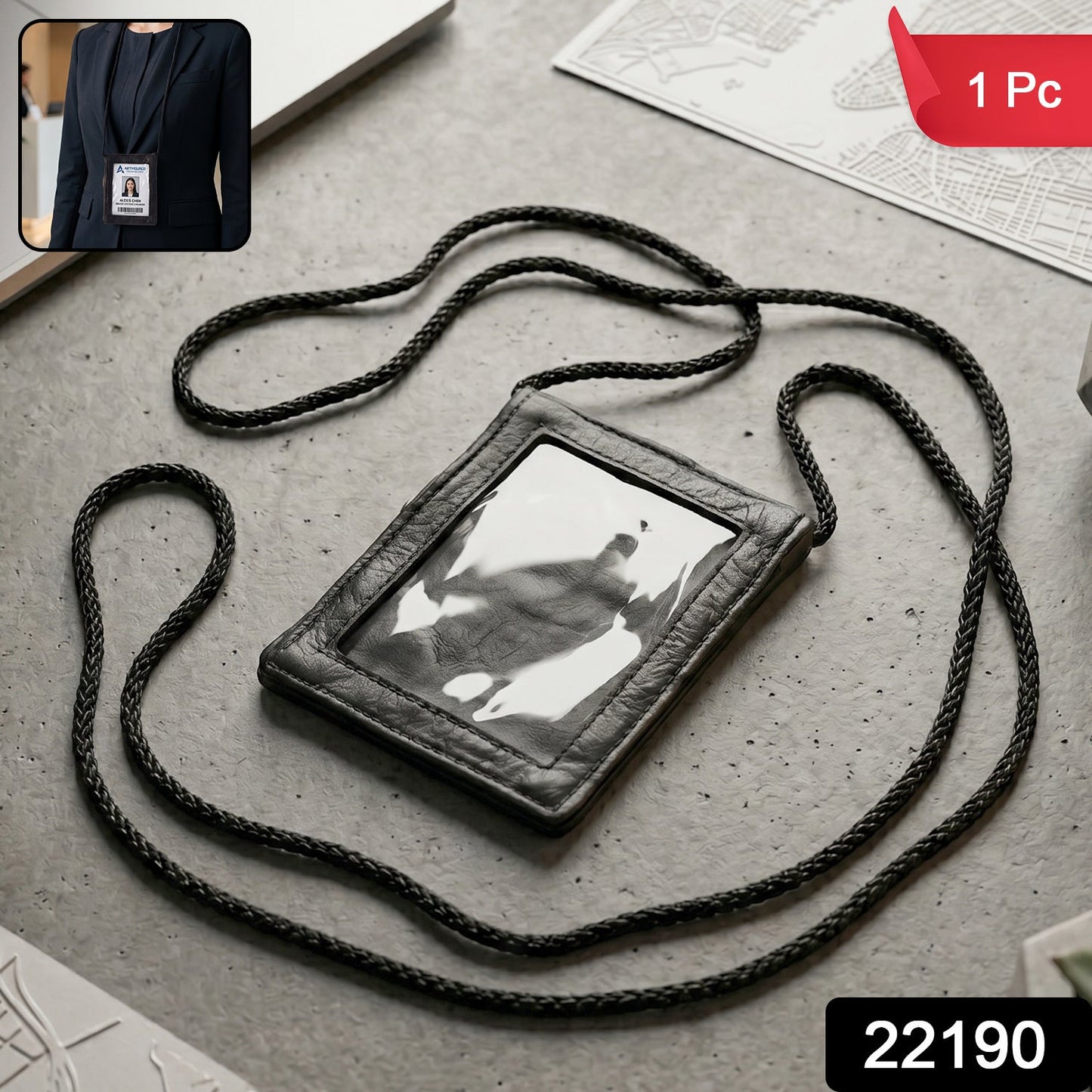 Front view of the leather ID badge holder with transparent window and braided lanyard