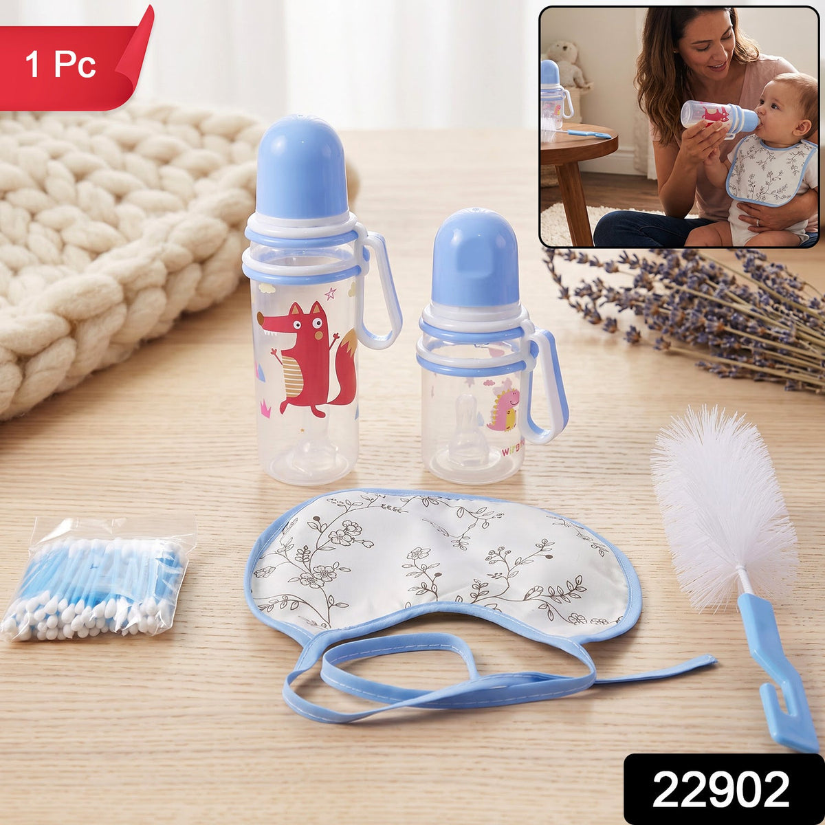 Plastic Baby Feeding Bottle set with Bib Brush – side view