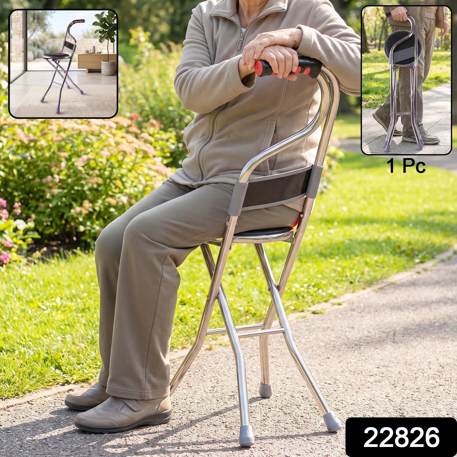 4 legged folding cane with seat and backrest for comfortable resting