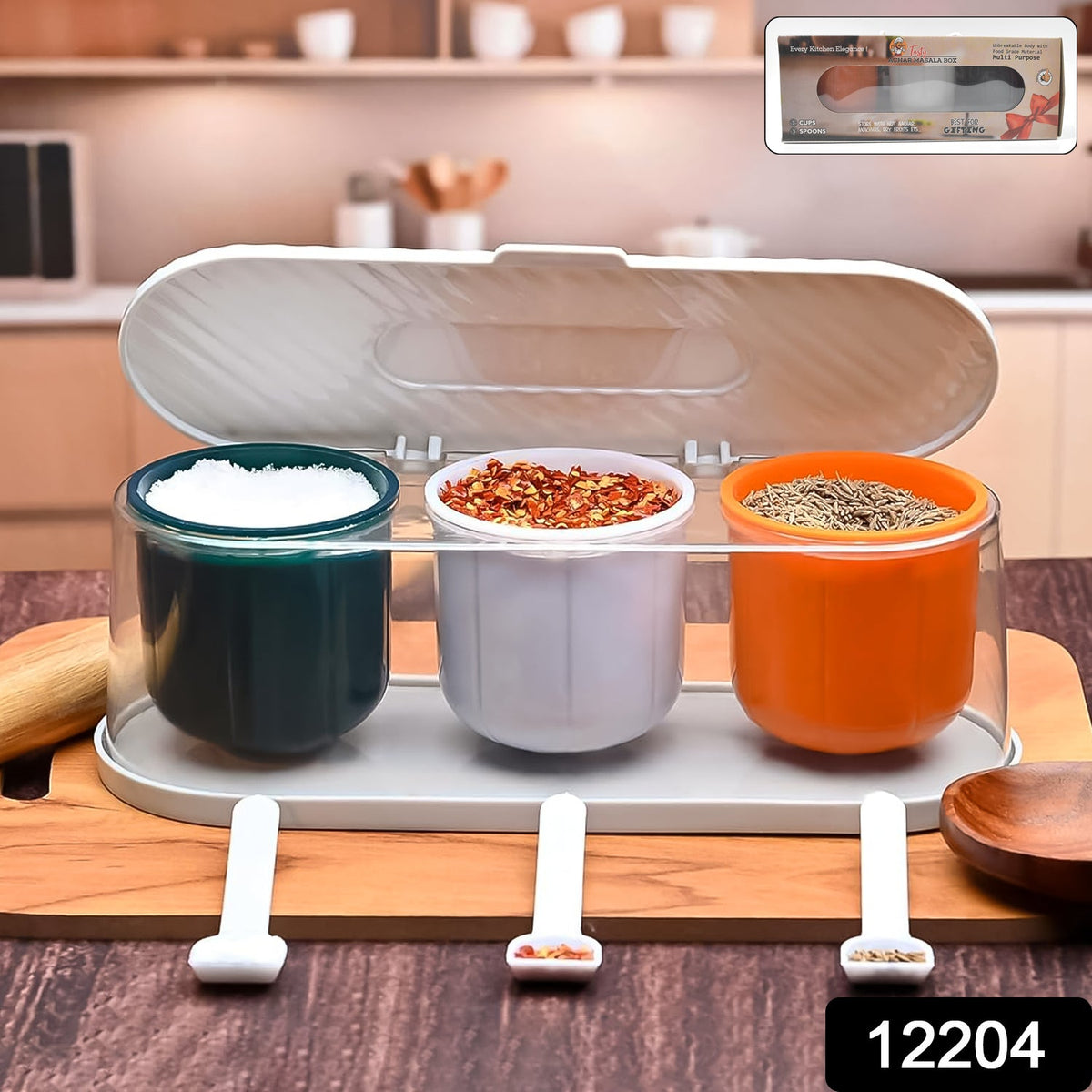 Spice Box – 3-Grid Masala Storage with Spoons – side view