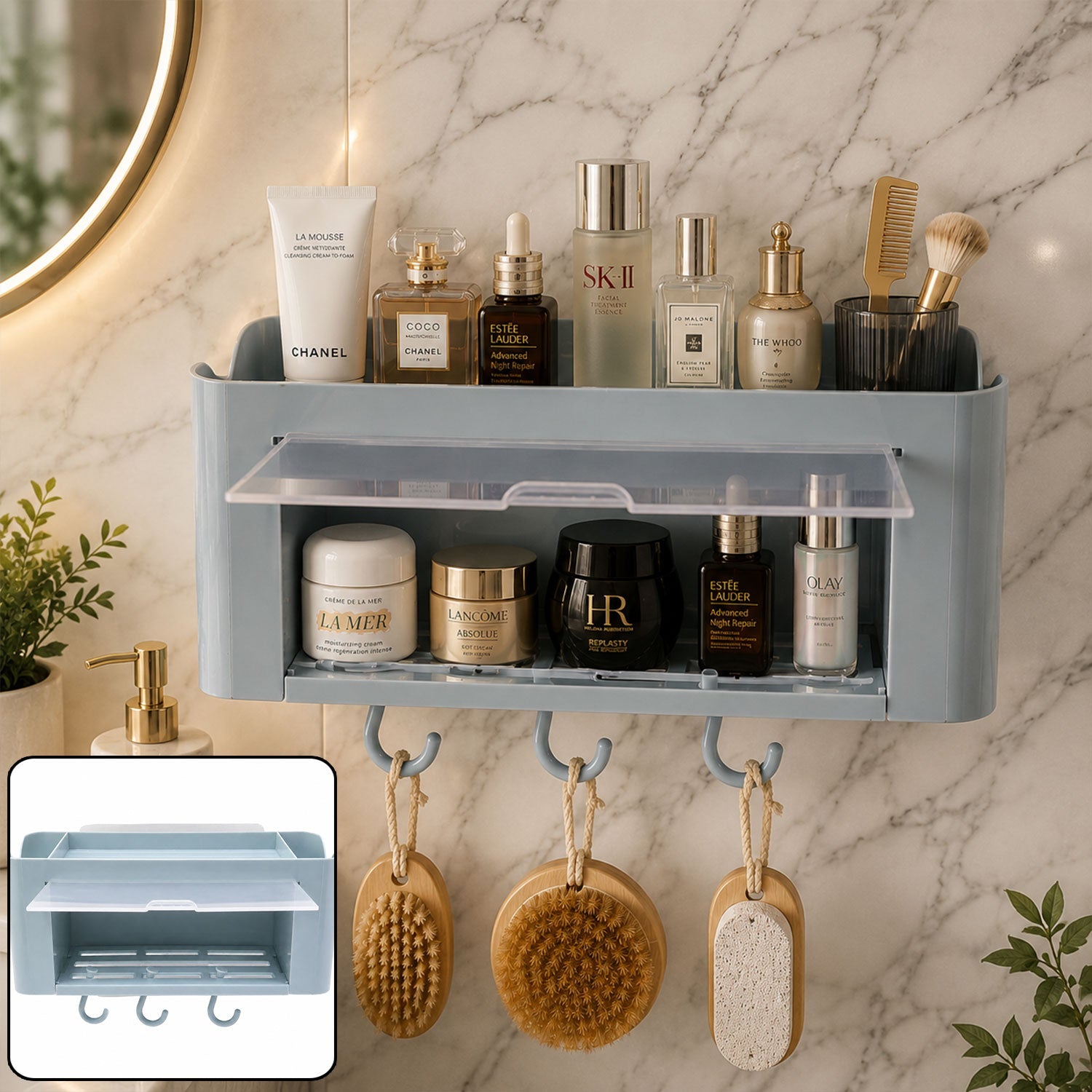 Wall mounted storage organizer shelf with hooks and transparent tray for bathroom kitchen